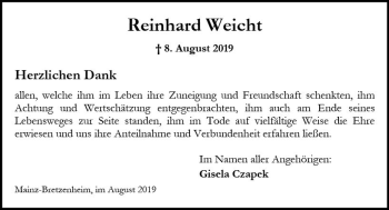 Traueranzeige von Reinhard Weicht von vrm-trauer