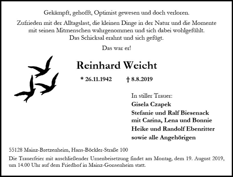  Traueranzeige für Reinhard Weicht vom 14.08.2019 aus vrm-trauer