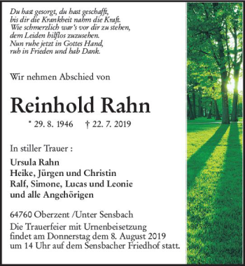 Traueranzeige von Reinhold Rahn von vrm-trauer