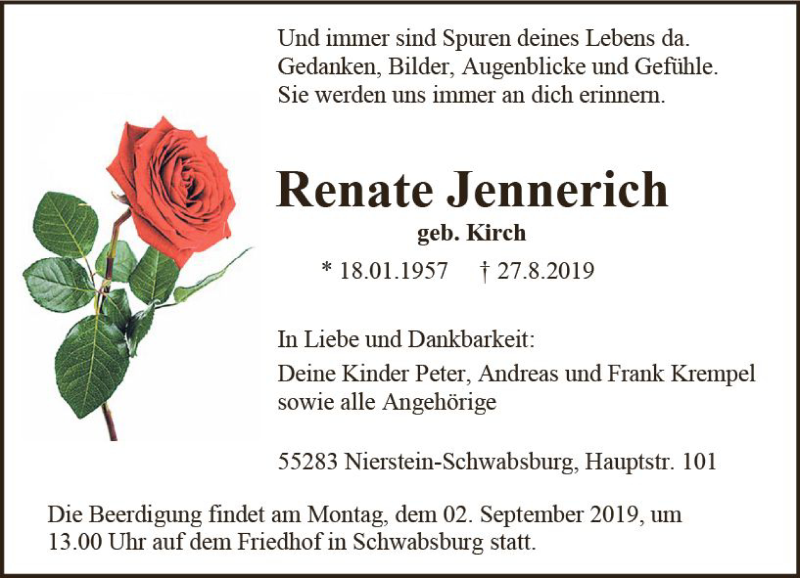  Traueranzeige für Renate Jennerich vom 30.08.2019 aus vrm-trauer