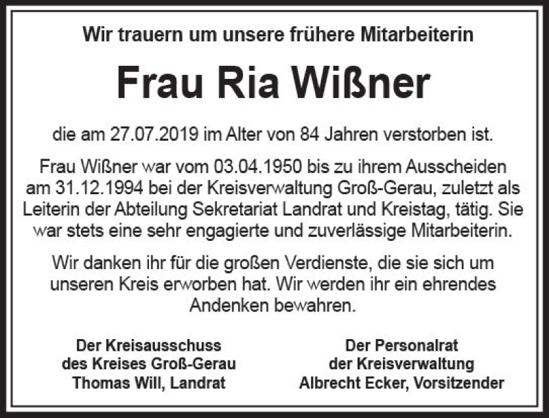  Traueranzeige für Ria Wißner vom 09.08.2019 aus vrm-trauer