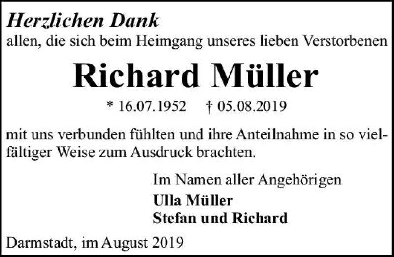  Traueranzeige für Richard Müller vom 31.08.2019 aus vrm-trauer