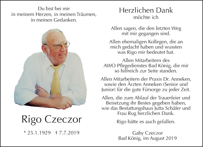  Traueranzeige für Rigo Czeczor vom 10.08.2019 aus vrm-trauer