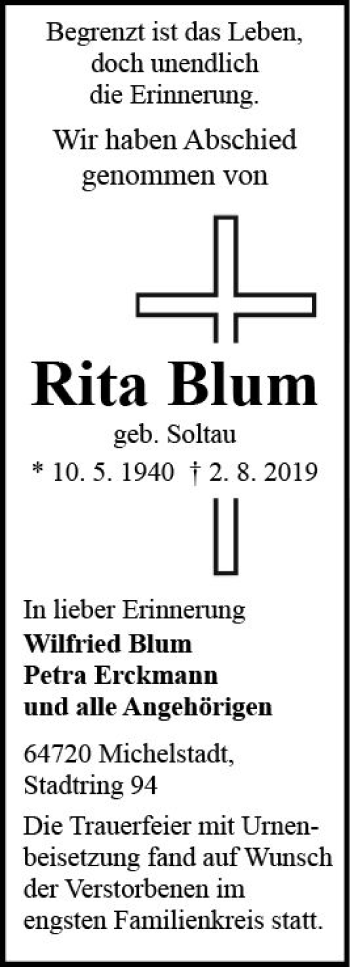 Traueranzeige von Rita Blum von vrm-trauer