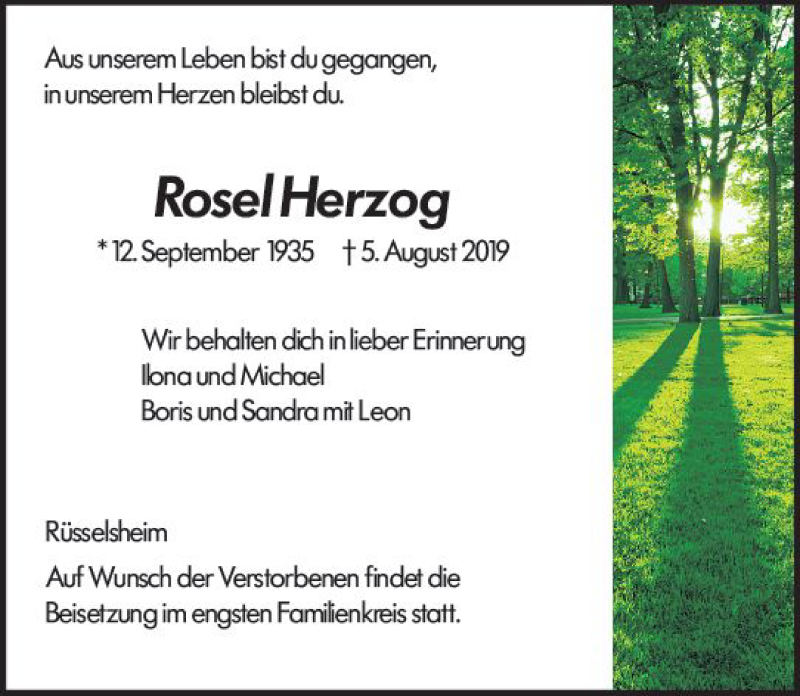  Traueranzeige für Rose Herzog vom 23.08.2019 aus vrm-trauer