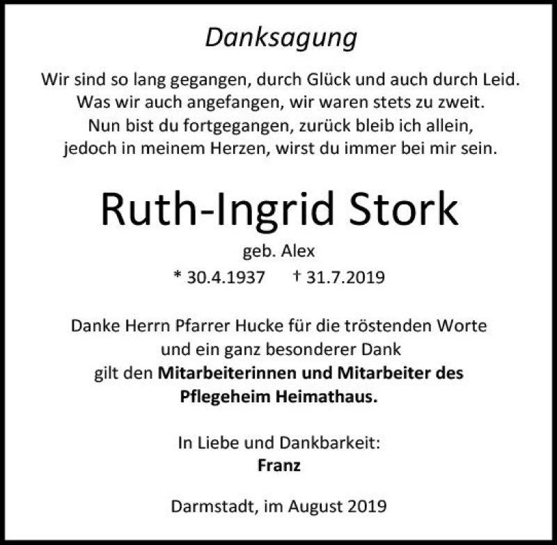  Traueranzeige für Ruth-Ingrid Stork vom 24.08.2019 aus vrm-trauer