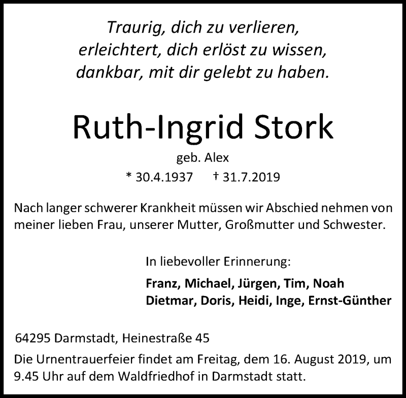  Traueranzeige für Ruth-Ingrid Stork vom 10.08.2019 aus vrm-trauer