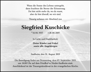 Traueranzeige von Siegfried Kuschicke von vrm-trauer