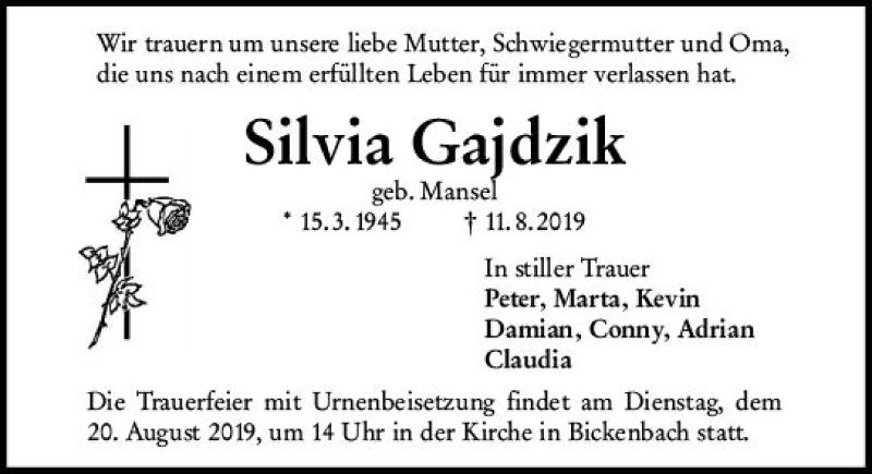  Traueranzeige für Silvia Gajdzik vom 17.08.2019 aus vrm-trauer