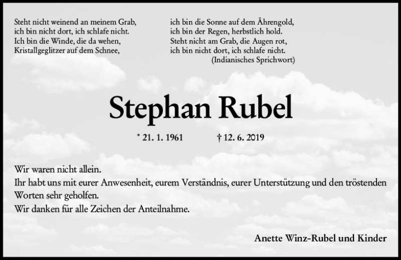  Traueranzeige für Stephan Rubel vom 17.08.2019 aus vrm-trauer