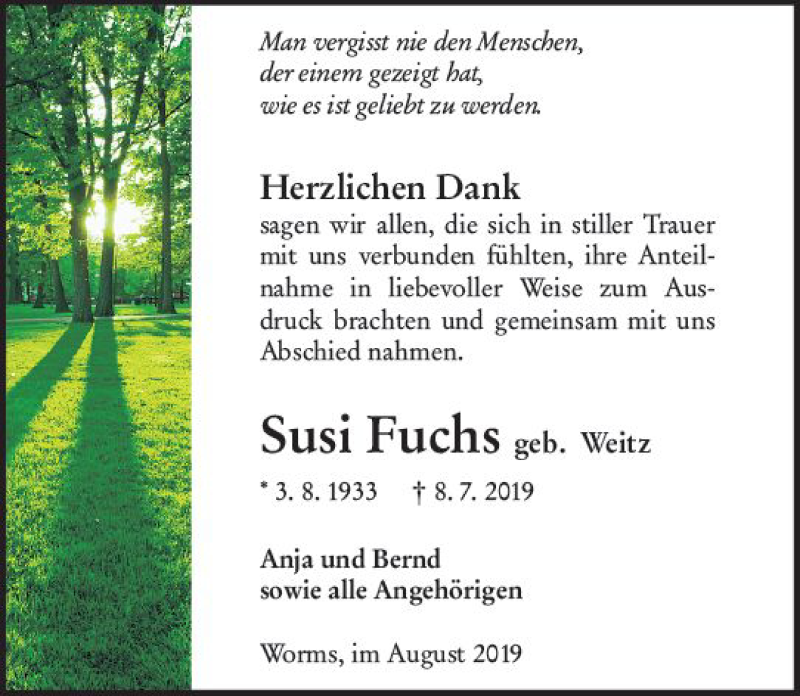  Traueranzeige für Susi Fuchs vom 17.08.2019 aus vrm-trauer