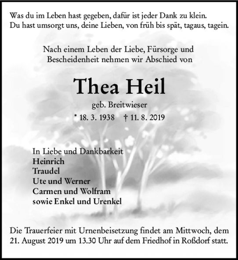  Traueranzeige für Thea Heil vom 17.08.2019 aus vrm-trauer