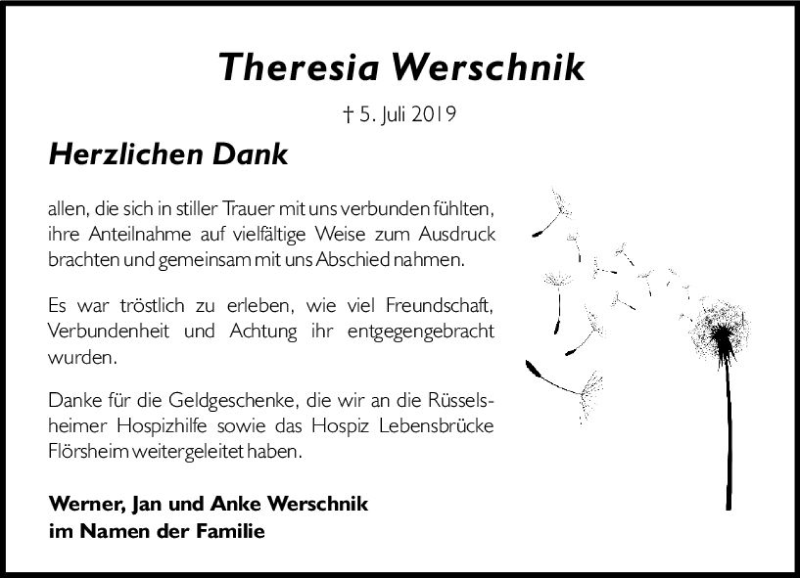  Traueranzeige für Theresia Werschnik vom 14.08.2019 aus vrm-trauer
