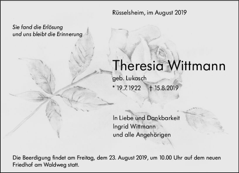  Traueranzeige für Theresia Wittmann vom 21.08.2019 aus vrm-trauer
