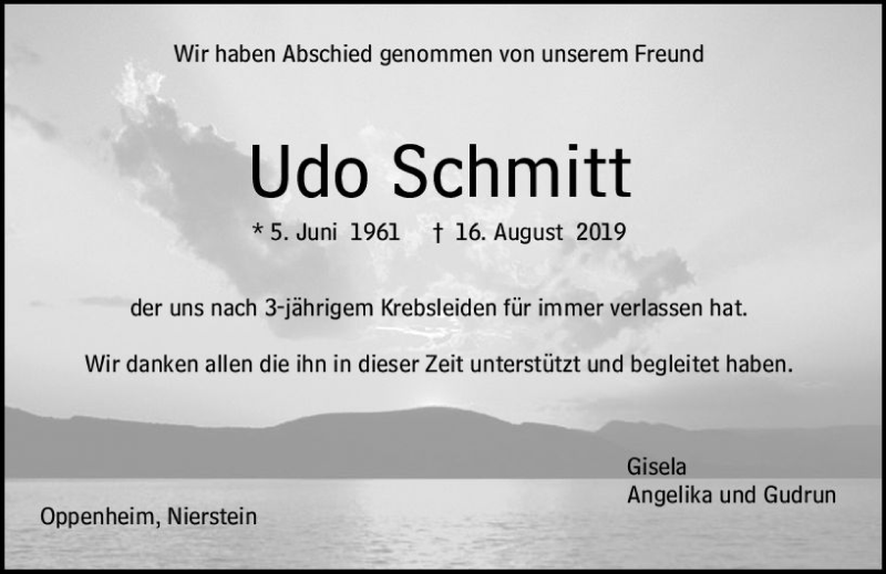 Traueranzeige für Udo Schmitt vom 31.08.2019 aus vrm-trauer