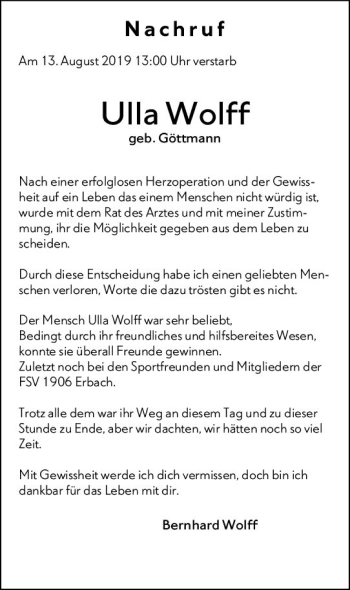 Traueranzeige von Ulla Wolff von vrm-trauer