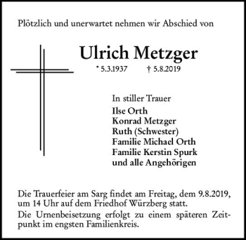 Traueranzeige von Ulrich Metzger von vrm-trauer