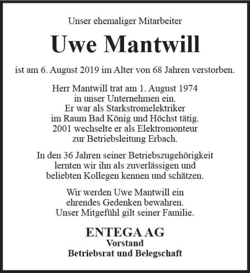  Traueranzeige für Uwe Mantwill vom 24.08.2019 aus vrm-trauer