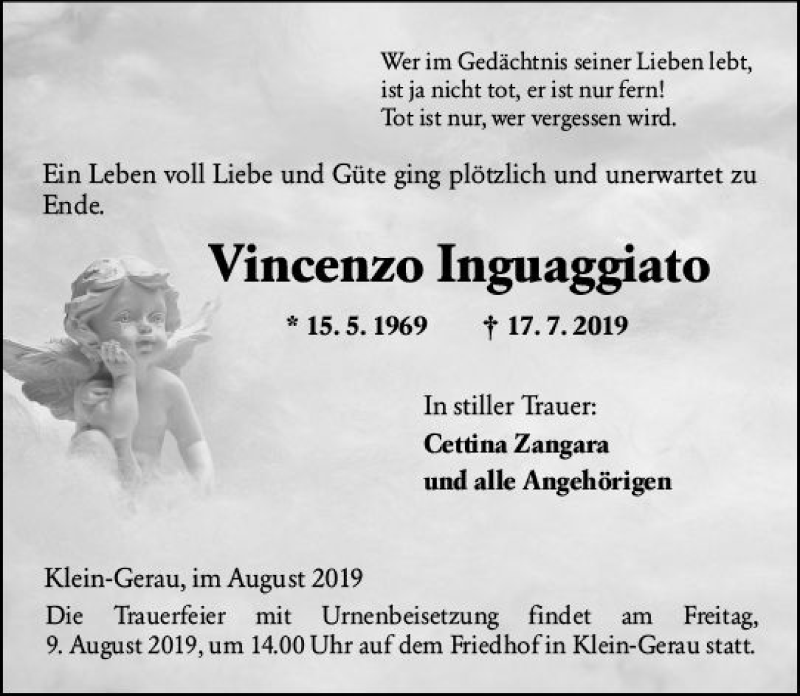  Traueranzeige für Vincenzo Inguaggiato vom 07.08.2019 aus vrm-trauer