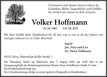Traueranzeige von Volker Hoffmann von vrm-trauer