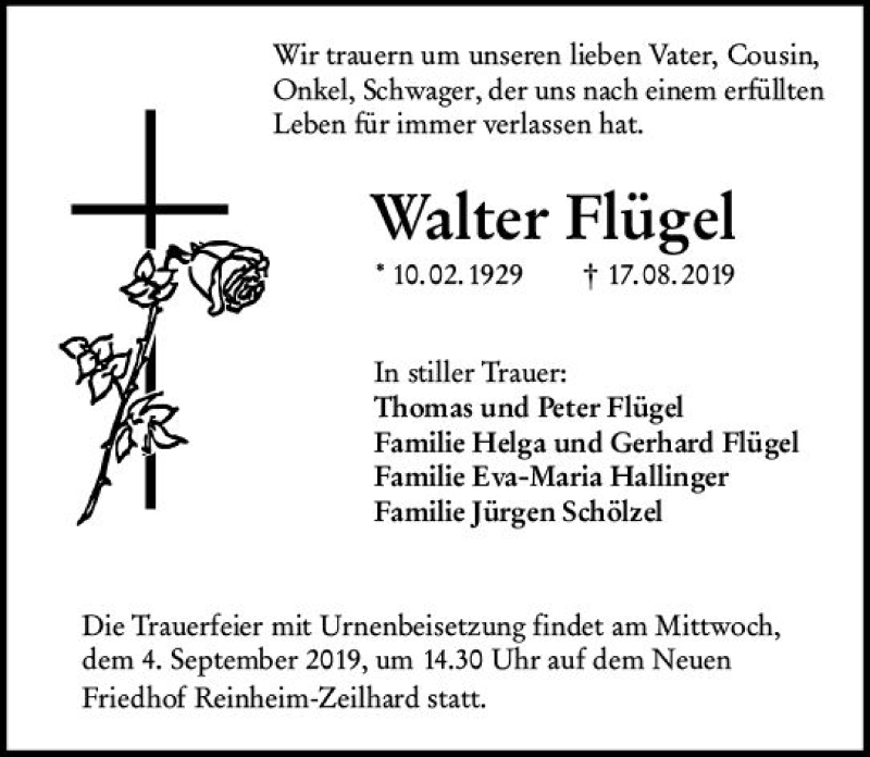  Traueranzeige für Walter Flügel vom 31.08.2019 aus vrm-trauer