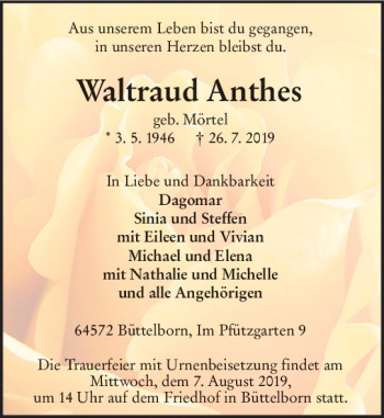 Traueranzeige von Waltraud Anthes von vrm-trauer