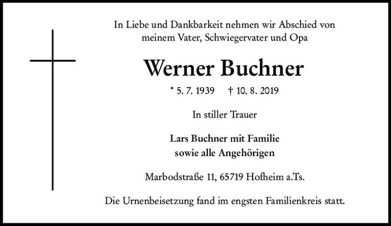  Traueranzeige für Werner Buchner vom 23.08.2019 aus vrm-trauer