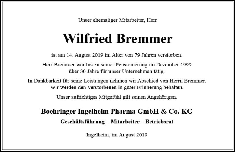  Traueranzeige für Wilfried Bremmer vom 24.08.2019 aus vrm-trauer