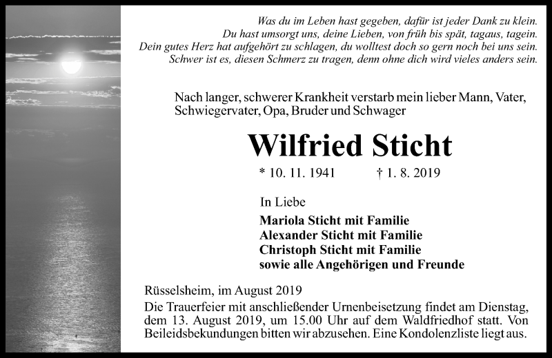  Traueranzeige für Wilfried Sticht vom 10.08.2019 aus vrm-trauer