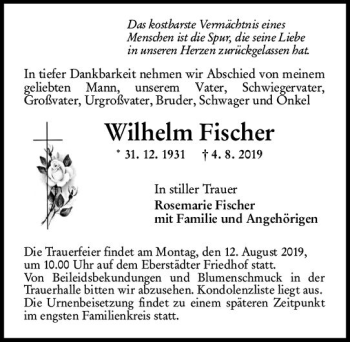 Traueranzeige von Wilhelm Fischer von vrm-trauer