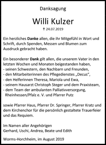 Traueranzeige von Willi Kulzer von vrm-trauer
