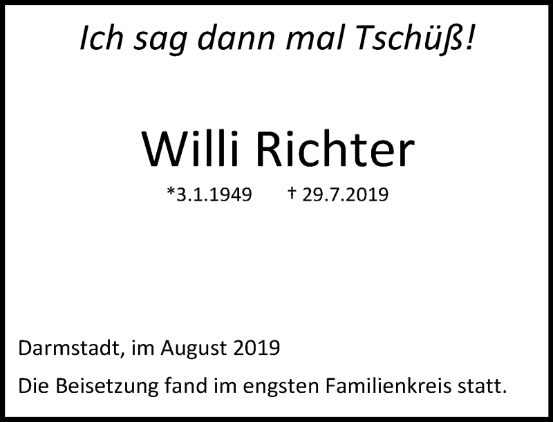  Traueranzeige für Willi Richter vom 10.08.2019 aus vrm-trauer