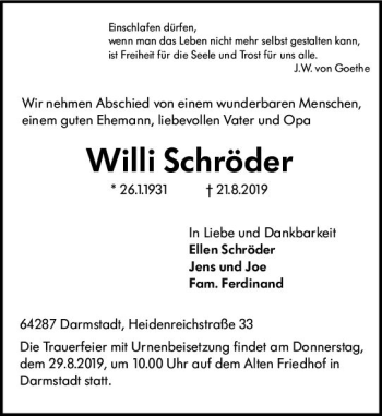 Traueranzeige von Willi Schröder von vrm-trauer