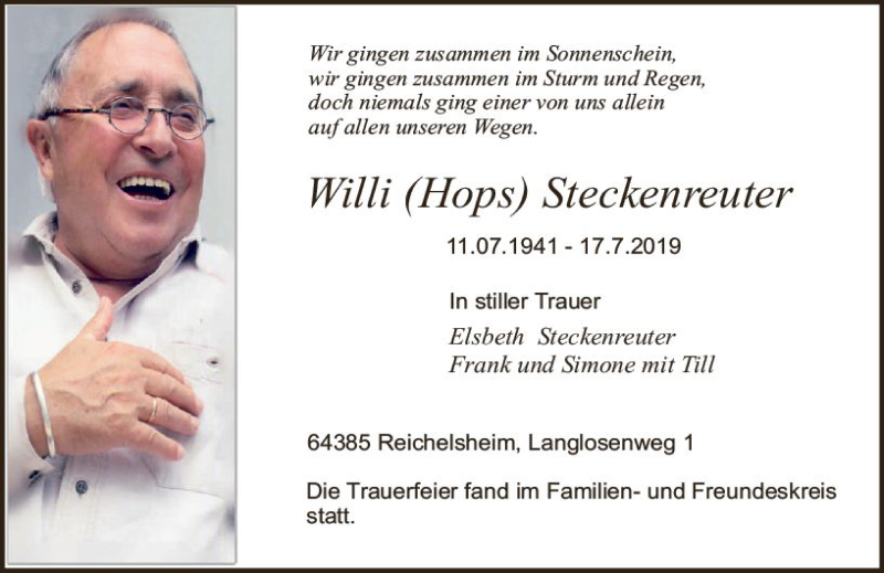  Traueranzeige für Willi Steckenreuter vom 03.08.2019 aus vrm-trauer