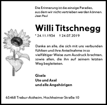 Traueranzeige von Willi Titschnegg von vrm-trauer