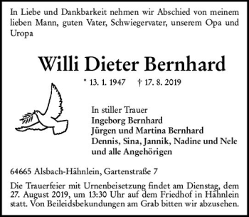 Traueranzeige von Willi Dieter Bernhard von vrm-trauer