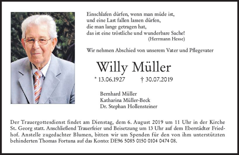  Traueranzeige für Willy Müller vom 03.08.2019 aus vrm-trauer