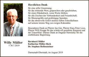 Traueranzeige von Willy Müller von vrm-trauer