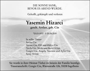 Traueranzeige von Yasemin Hizarci von vrm-trauer