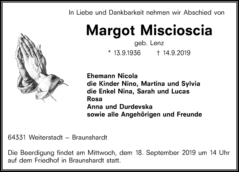  Traueranzeige für Margot Miscioscia vom 17.09.2019 aus VRM Tageszeitungen