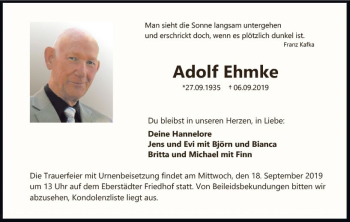Traueranzeige von Adolf Ehmke von vrm-trauer