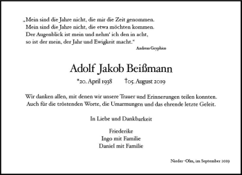 Traueranzeige von Adolf Jakob Beißmann von vrm-trauer