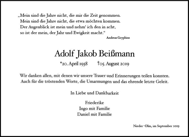  Traueranzeige für Adolf Jakob Beißmann vom 28.09.2019 aus vrm-trauer