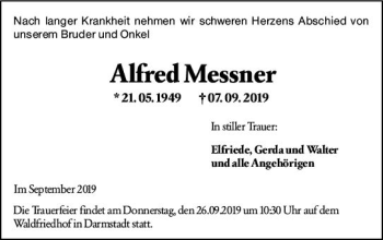 Traueranzeige von Alfred Messner von vrm-trauer