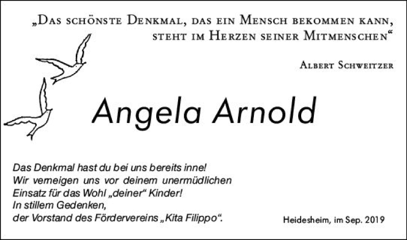  Traueranzeige für Angela Arnold vom 27.09.2019 aus vrm-trauer