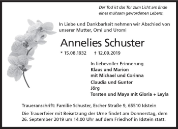 Traueranzeige von Annelies Schuster von vrm-trauer