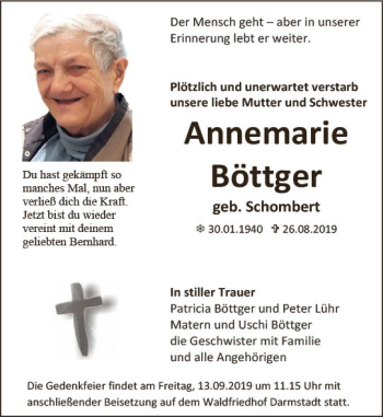 Traueranzeige von Annemarie Böttger von vrm-trauer