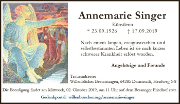 Traueranzeige von Annemarie Singer von vrm-trauer