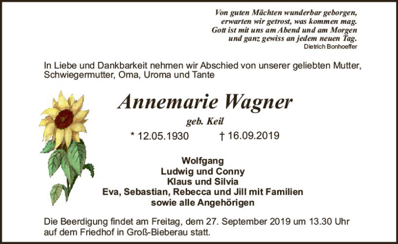  Traueranzeige für Annemarie Wagner vom 21.09.2019 aus vrm-trauer