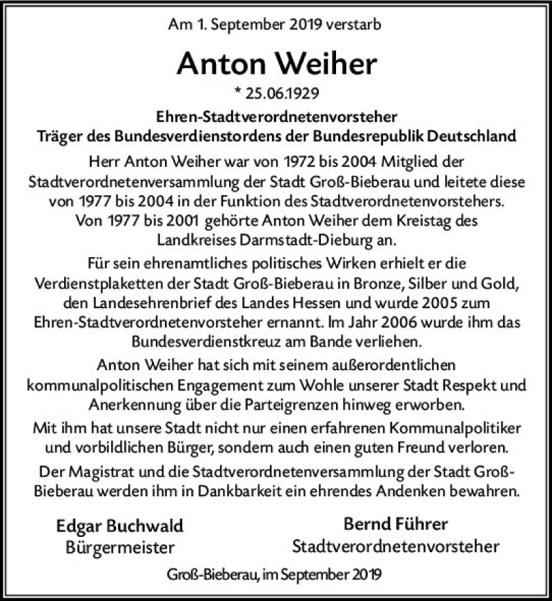  Traueranzeige für Anton Weiher vom 07.09.2019 aus vrm-trauer